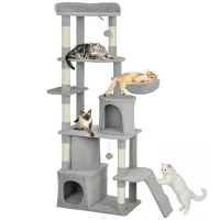 PawHut 67" Large Cat Tree with 7 Scratching Posts, Tunnel, 2 Condos, Hammock, Perch, Ramp, Pompoms, Light Grey(m-9)