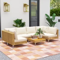 Outsunny 7 Piece Wicker Patio Furniture Set, Modular Outdoor Sectional with Thickened Cushions, Acacia Wood Table, Khaki/Beige(m-2)