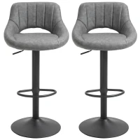 HOMCOM Bar Stools Set of 2, Swivel Counter Height Barstools with Adjustable Height and Cutout Back, Faux Leather Upholstered Bar Chairs with Round Metal Base and Footrest, Grey(m-12)