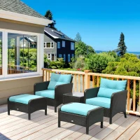 Outsunny 5 Pieces Rattan Wicker Lounge Chair Outdoor Patio Conversation Set with 2 Cushioned Chairs, 2 Ottomans and Tempered Glass Top Coffee Table, Brown/Blue(m-2)