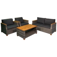 Outsunny 4 Piece Patio PE Rattan Wicker Sofa Set with Acacia Wood Coffee Table, 2 Comfort Single Chairs & 2 Person Couch(m-11)