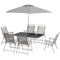 Outsunny 8 Piece Patio Set with Umbrella, 6 Folding Chairs, Rectangle Table, Outdoor Dining Set for 6 with Mesh Seat, Grey(m-2)