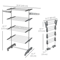 HOMCOM Garment Drying Rack Stainless Steel Folding Clothes Hanging Rack with Side Wings Castors for Indoor Outdoor Grey(m-3)