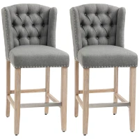 HOMCOM Counter Height Bar Stools Set of 2, 27" Seat Height Upholstered Barstools, Farmhouse Kitchen Island Stools with Nailhead-Trim, Tufted Back and Wooden Legs, Light Gray(m-1)