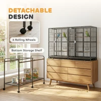 PawHut 56"H Bird Cage, Parrot Cage w/ Detachable Rolling Stand, Removable Tray, Storage Shelf, Perches, Food Container(m-6)