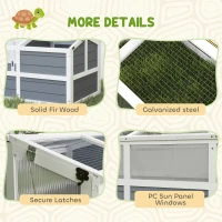 PawHut Wooden Tortoise Habitat Outdoor w/ Bottomless Design, Doors, PC Sun Panel Windows, for Small Animals, Rabbit, Light Gray(m-7)