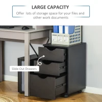 HOMCOM 3 Drawer Mobile File Cabinet with Wheels, Wood Filing Cabinet for Home Office, Rolling Under Desk Cabinet, Black Wood Grain(m-4)