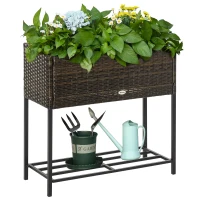 Outsunny Raised Garden Bed, Elevated Planter Box with Rattan Wicker Look, Tool Storage Shelf, Portable Design for Herbs, Vegetables, Flowers, Brown(m-1)