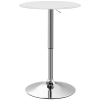 HOMCOM Modern Round Bar Table Adjustment Height Home Pub Bistro Desk Faux Leather Covered Wooden Top Chrome Base White(m-9)