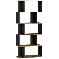 HOMCOM 5-Tier Bookshelf, Geometric S Shaped Bookcase, Tall Narrow Display Shelf for for Living Room, Study Room, Rustic Brown(m-9)