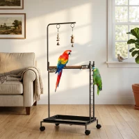 PawHut Bird Stand with Wheels Parrot Stand with Slide-out Tray Stainless Steel Bowls for Indoor Outdoor Dark Gray(m-10)