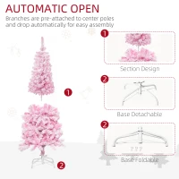 HOMCOM 5 FT Snow Flocked Artificial Christmas Tree, Pencil Xmas Tree with Realistic Branches, Auto Open and Steel Base, Pink(m-6)
