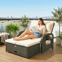 Outsunny Patio Rattan Daybed, Wicker Outdoor Daybed with Storage Ottoman, Loveseat w/ Adjustable Backrest, Beige(m-10)
