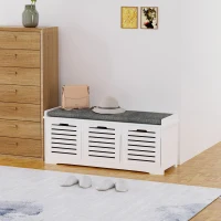 HOMCOM Upholstered Shoe Cabinet Storage Bench with Padded Cushion, with 3 drawer Enough Storage Space Bench Stool for Living Room Entryway Furniture, White(m-1)