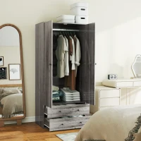 HOMCOM Modern Wardrobe Closet Armoire with 2 Drawers and Hanging Rod, Clothes Storage Organizer for Bedroom, Grey(m-1)