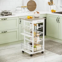 HOMCOM Rolling Kitchen Cart, Utility Storage Cart with 4 Baskets, Drawer, Side Racks, Wheels for Dining Room, Natural and White(m-1)