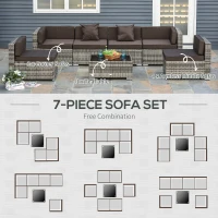Outsunny 7 Piece Patio Furniture Set, Wicker Outdoor Sectional Sofa Set, All Weather PE Rattan Outdoor Furniture Conversation Sets with Cushions, Glass Top Coffee Table, Pillows, Charcoal(m-6)