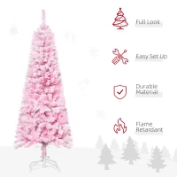 HOMCOM 5 FT Snow Flocked Artificial Christmas Tree, Pencil Xmas Tree with Realistic Branches, Auto Open and Steel Base, Pink(m-4)