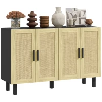 HOMCOM Boho Kitchen Cabinet, Buffet Cabinet with 4 Rattan Doors and Adjustable Shelves for Dining Room, Black and Natural(m-11)