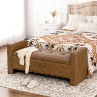 HOMCOM Storage Ottoman Bench with Soft Closing Hinged Lid, Faux Leather Upholstered Bench with Button Tufted Design and Armrests for Living Room, Brown(m-2)
