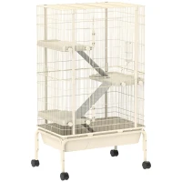 PawHut 47" Small Animal Cage, 4 Levels Large Rolling Metal Ferret Cage w/ 5.9" Deep Tray, Ramps, Water Bottle, Food Dish, Beige(m-1)