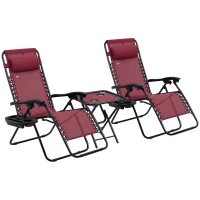 Outsunny Zero Gravity Chair Set with Side Table, Folding Reclining Chair with Cupholders & Pillows, Adjustable Lounge Chairs for Pool, Backyard, Lawn, Beach, Wine Red(m-1)