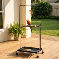 PawHut Bird Stand with Wheels Parrot Stand with Slide-out Tray Stainless Steel Bowls for Indoor Outdoor Dark Gray(m-8)