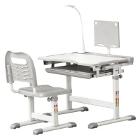 Qaba Kids Desk and Chair Set, School Study Desk with USB Light, Storage Drawer for Writing, Activities, Arts, or Crafts, Gray and White(m-1)