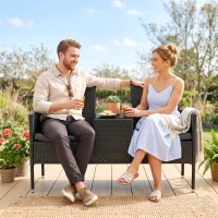 Outsunny Patio Furniture w/ Mid-Table PE Rattan Loveseat w/ Cushion, Black(m-7)