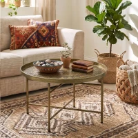HOMCOM Coffee Table for Living Room, 24" Round Center Table with Hammered Tray Top and Metal Frame for Bedroom, Gold(m-7)
