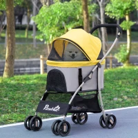 PawHut 4 Wheels Pet Stroller, 3 in 1 Dog Cat Travel Folding Carrier, for Small Dogs, Detachable, w/ Brake, Canopy, Basket, Storage Bag - Yellow(m-8)