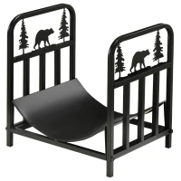 Outsunny Firewood Rack, Indoor Outdoor Firewood Holder, Curved Bottom with Bear and Tree Theme for Fireplace, Wood Stove, Hearth or Fire Pit, Black(m-11)