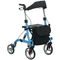 HOMCOM Rollator Walker with Seat and Backrest, Height Adjustable Aluminum Rolling Walker with 10'' Front Wheels, Storage Bag, Lightweight Mobility Walking Aid for Seniors, Adults, 300lb Capacity, Blue(m-11)