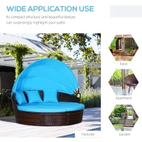 Outsunny 4-Piece Round Convertible Daybed with Cushions, Outdoor PE Rattan Patio Wicker Sofa Set, Sunbed with Adjustable Sun Canopy, Sectional Sofa, 2 Chairs, Table, 3 Pillows, Light Blue(m-7)
