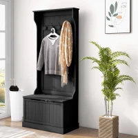 HOMCOM Entryway Hall Tree with Coat Rack and Sitting Bench, Mudroom Bench with Storage and Hooks, Black(m-2)