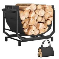 Outsunny Firewood Rack Outdoor, Heavy-Duty Log Holder with Log Tote Bag for Fireplace, Indoor Fire Wood Storage Rack(m-9)