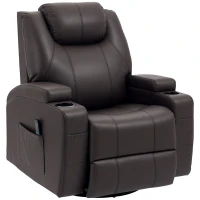 HOMCOM Massage Recliner Chair, Swivel Nursery Rocker Chair, Manual Reclining Sofa with 8 Vibration Points, PU Leather, Cup Holders, Side Pockets, for Living Room, Brown(m-2)