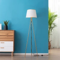 HOMCOM Modern Tripod Floor Lamp, Freestanding Lamp w/ Fabric Lampshade and E26 Base for Living Room, No Bulb - Gold(m-3)