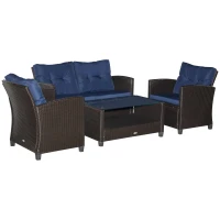 Outsunny 4 Pieces Patio Furniture Sets with Cushions, PE Rattan Wicker Conversation Chairs with Two-Tier Coffee Table for Backyard Porch Garden Poolside and Deck, Blue(m-11)