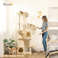 PawHut 67" Large Cat Tree with 7 Scratching Posts, Tunnel, 2 Condos, Hammock, Perch, Ramp, Pompoms, Beige(m-4)