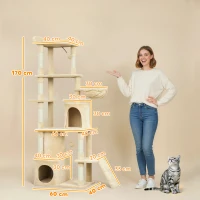 PawHut 67" Large Cat Tree with 7 Scratching Posts, Tunnel, 2 Condos, Hammock, Perch, Ramp, Pompoms, Beige(m-3)