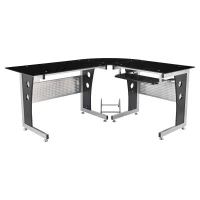 HOMCOM L-Shaped Corner Computer Desk Gaming Table Home Office Workstation Glass Top P2 MDF with Keyboard Tray - Black(m-1)