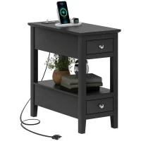 HOMCOM Narrow Side Table with Charging Station, USB Ports, Modern End Table with Storage Shelf, Drawers for Living Room, Black(m-9)
