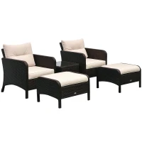 Outsunny 5 Pieces Rattan Wicker Lounge Chair Outdoor Patio Conversation Set with 2 Cushioned Chairs, 2 Ottomans and Tempered Glass Top Coffee Table(m-1)