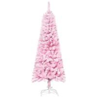 HOMCOM 5 FT Snow Flocked Artificial Christmas Tree, Pencil Xmas Tree with Realistic Branches, Auto Open and Steel Base, Pink(m-2)