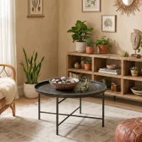 HOMCOM Coffee Table for Living Room, 24" Round Center Table with Hammered Tray Top and Metal Frame for Bedroom, Pewter(m-8)