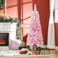 HOMCOM 5 FT Snow Flocked Artificial Christmas Tree, Pencil Xmas Tree with Realistic Branches, Auto Open and Steel Base, Pink(m-1)