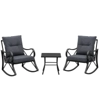 Outsunny 3-Piece Patio Bistro Set Outdoor Rocking Coffee Table Chair Set with Curved Base, Soft Cushions, Steel Frame, Black(m-11)