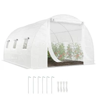 Outsunny Walk-in Tunnel Greenhouse, Plant Hot House w/ Support Rods, Roll-up Mesh Door, Mesh Windows, 13'x9.8'x6.6', White(m-9)