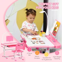 Qaba Kids Desk and Chair Set, Height Adjustable School Study Table and Chair, Student Writing Desk with Tilt Desktop, LED Light, Pen Box, Drawer, Reading Board, Cup Holder, and Pen Slots, Pink(m-7)